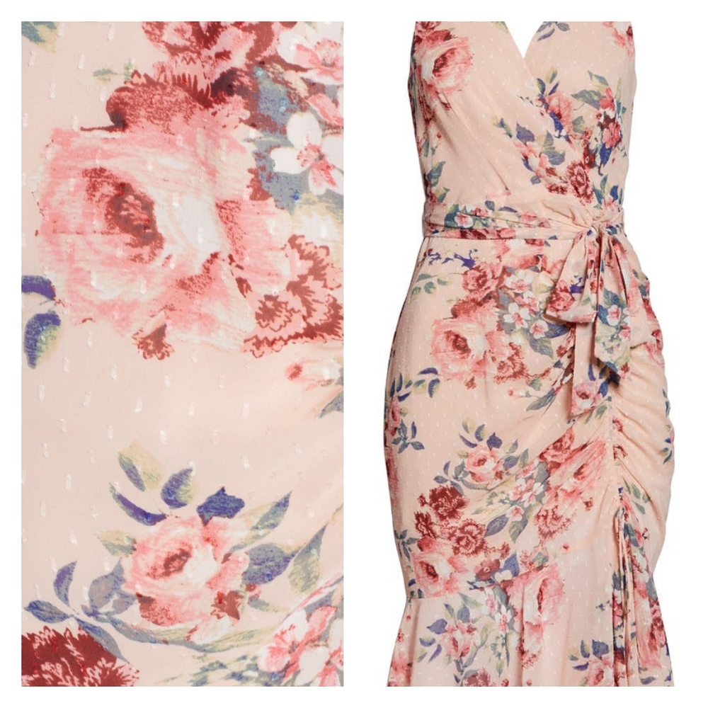 Floral Ruched Chiffon Faux Wrap Dress